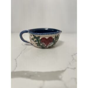 Studio Art Signed Ceramic Heart Shaped  Floral Handmade Bowl w Spout, Handle